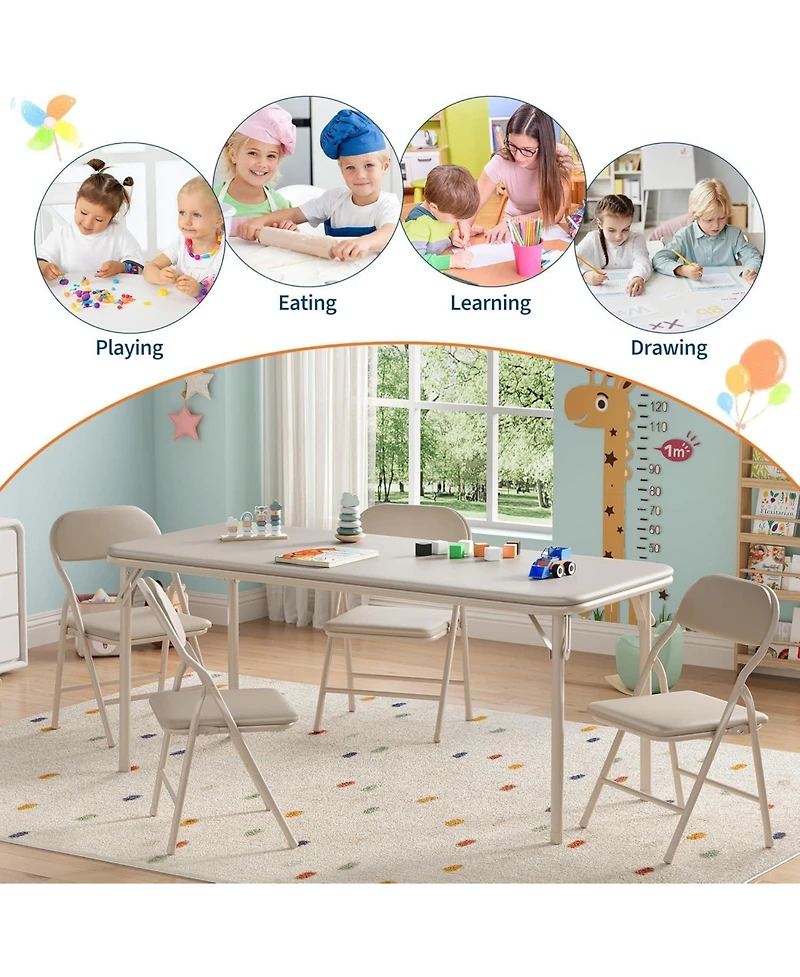 gaomon 5-Piece Kids Folding Table And Chairs Set With Ultra-Soft Cushion, Portable Children's Table Set