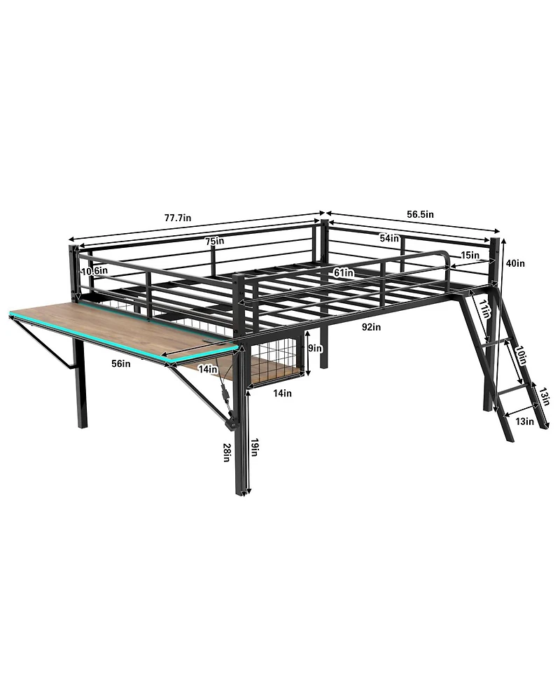 Streamdale Furniture Metal Loft Bed with Desk, Led Lights, and Storage