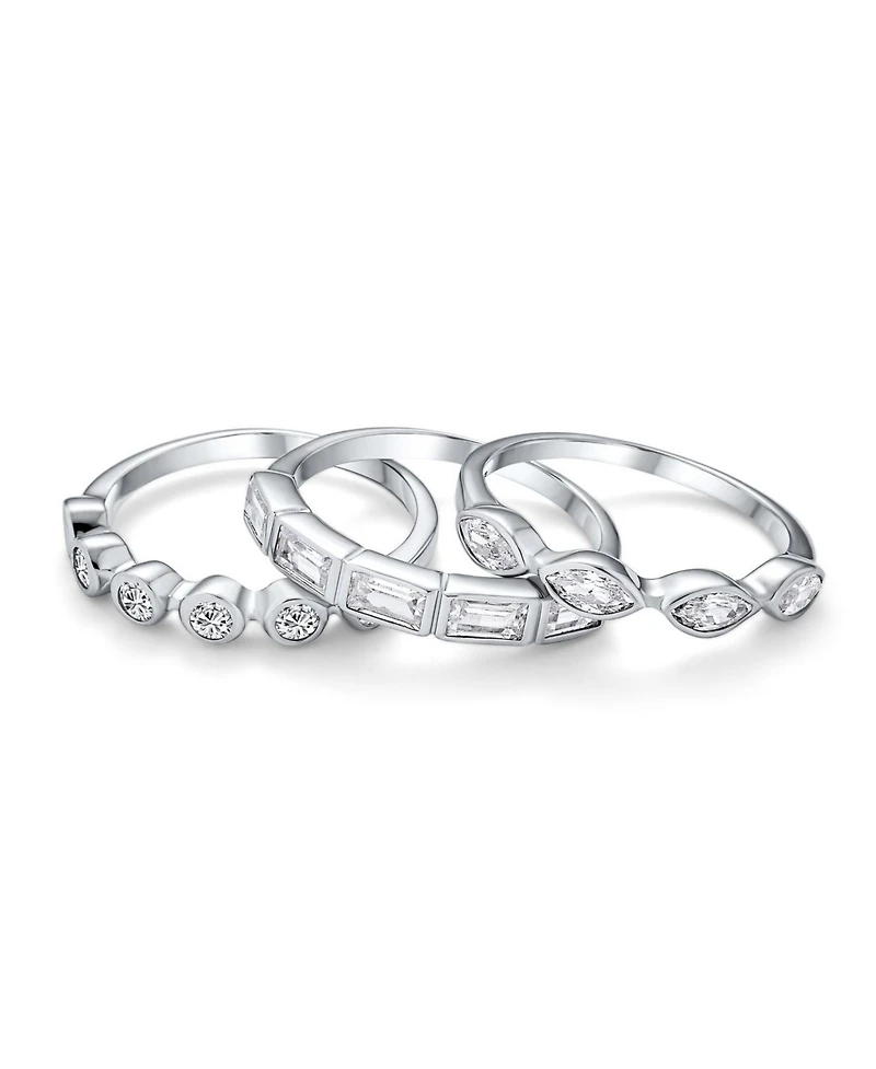 Bling Jewelry Stackable Eternity Band Ring Set 3PC Cz Baguette Marquise Round .925 Sterling Silver