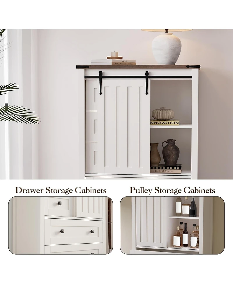 gaomon 5-Drawer Farmhouse Dresser With Barn Door And Shelves, Tall Chest