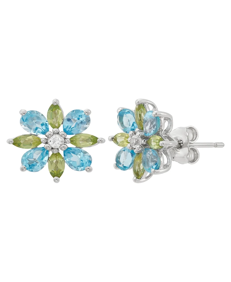 Macy's Swiss Blue Topaz (1-1/3 ct. t.w.), Peridot (5/8 ct. t.w.) & White Topaz (1/20 ct. t.w.) Flower Stud Earrings in Sterling Silver