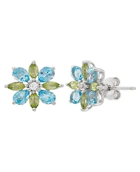 Macy's Swiss Blue Topaz (1-1/3 ct. t.w.), Peridot (5/8 ct. t.w.) & White Topaz (1/20 ct. t.w.) Flower Stud Earrings in Sterling Silver
