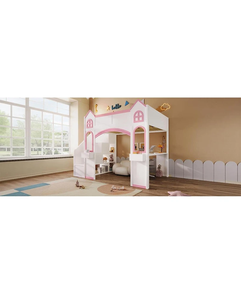 Streamdale Furniture Full Size Wood Castle Loft Bed with Storage, Desk, and Led Lights