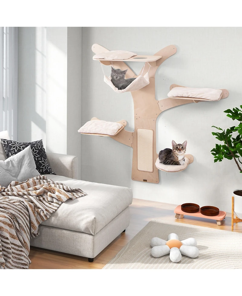 Gymax Wall-Mounted Cat Tower with Hammock 4 Platforms Sisal Scratching Mat for Indoor