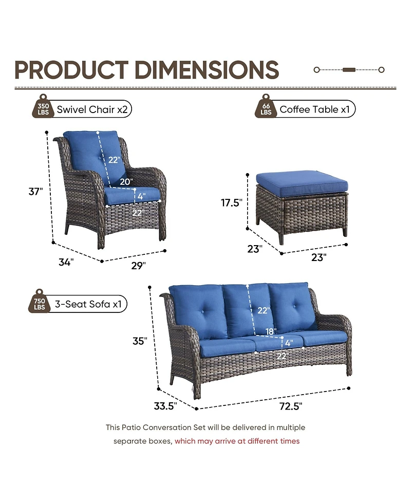 Pocassy 5-Pieces Patio Furniture Set, Outdoor Wicker Sofa Couch with Chairs Ottomans Red Cushions, All Weather High Back Modern Conversation Set