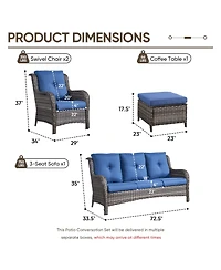 Pocassy 5-Pieces Patio Furniture Set, Outdoor Wicker Sofa Couch with Chairs Ottomans Red Cushions, All Weather High Back Modern Conversation Set