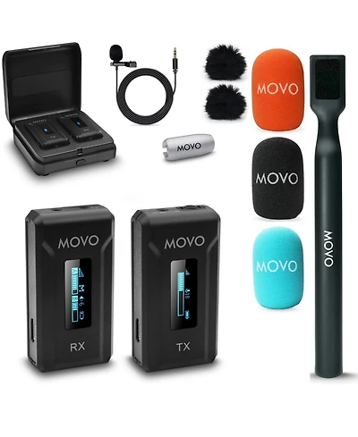 Movo Wmx-2 Wireless Lavalier Microphone System with Charging Case and Interview Mic Handle for Cameras