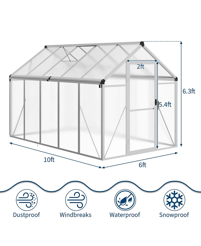 gaomon Outdoor Polycarbonate Greenhouse, Walk-In Hobby Greenhouse with Sliding Doors, Adjustable Roof Vent and Aluminum Frame