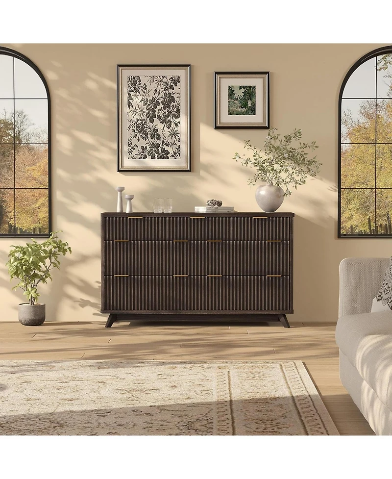 gaomon Drawer Fluted Wood Dresser, Curved Mid-Century Storage Cabinet for Bedroom, Living Room.