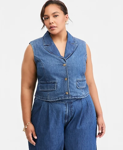 On 34th Trendy Plus Notched-Collar Button-Front Denim Vest, Macy's Exclusive