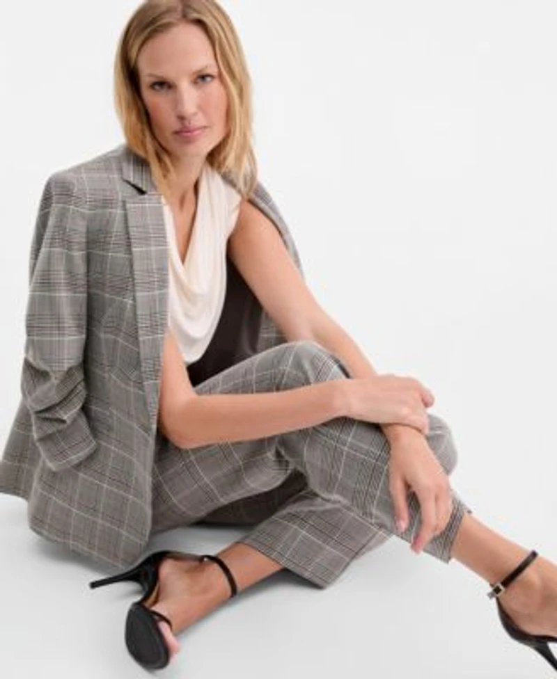 Anne Klein Womens Check Notch Collar Scrunch Sleeve Jacket Pleated Cowl Neck Sleeveless Top Check Mid Rise Wide Leg Pants