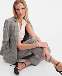 Anne Klein Womens Check Notch Collar Scrunch Sleeve Jacket Pleated Cowl Neck Sleeveless Top Check Mid Rise Wide Leg Pants