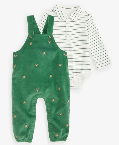 First Impressions Baby Boys' 3M-24M Striped Bodysuit & Reindeer print Corduroy Overalls, 2-Piece Set, Macy's Exclusive