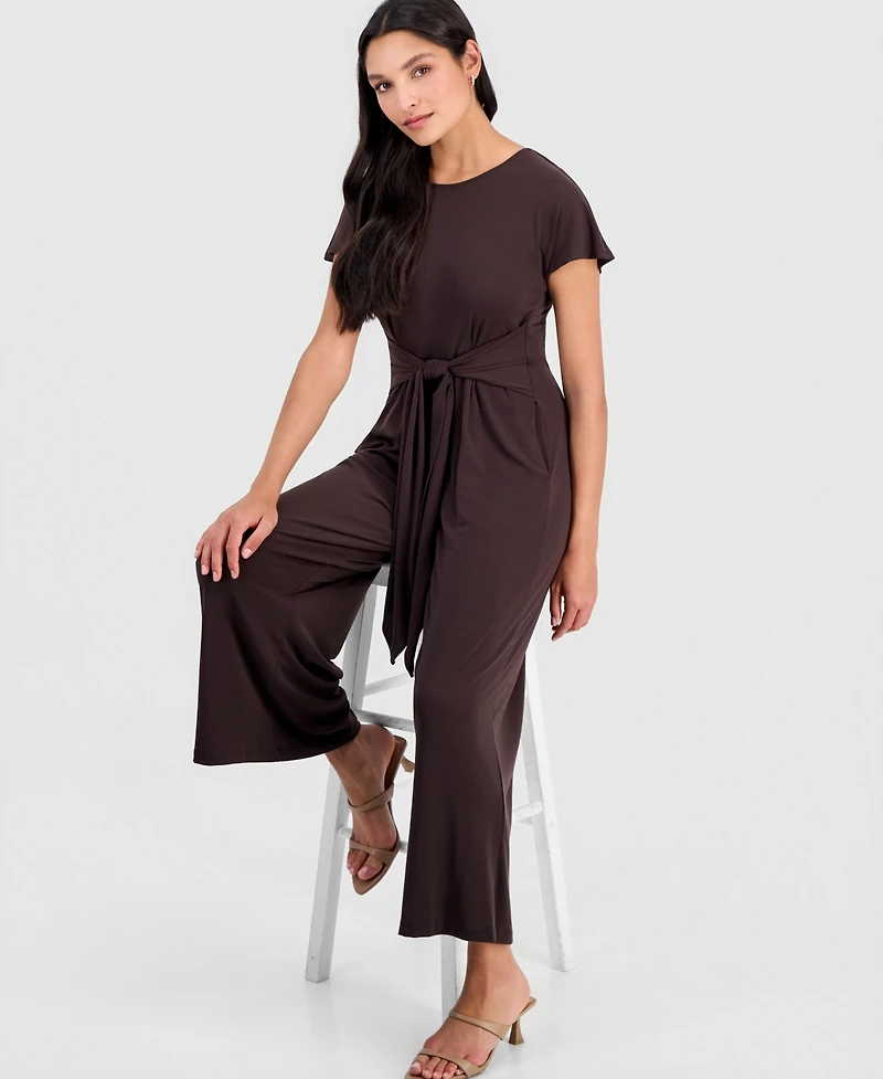 Robbie Bee Women's Round-Neck Tie-Waist Jumpsuit