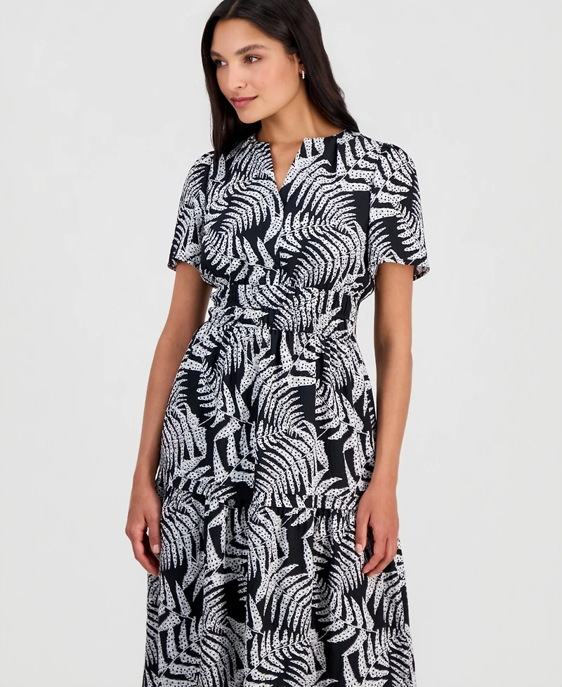 Robbie Bee Women's Printed Smocked-Waist Short-Sleeve Midi Dress