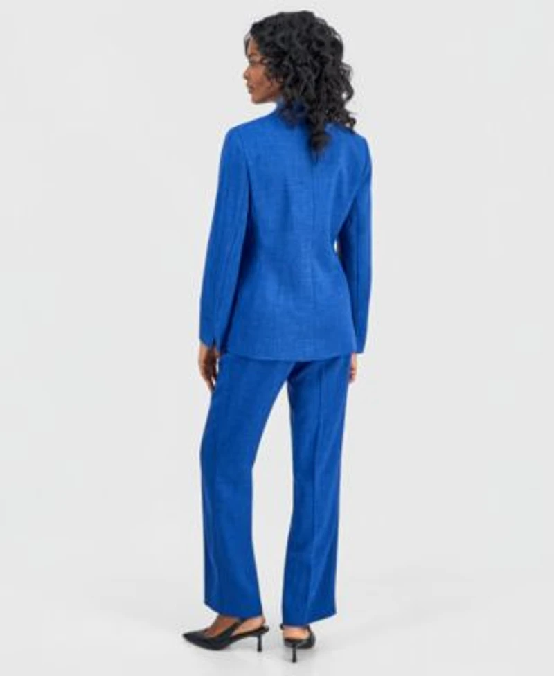 Kasper Womens Collarless One Button Jacket Printed Cowl Neck Cap Sleeve Top Textured High Rise Straight Leg Trousers Regular Petite