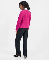 Kasper Collarless Contrast Piping Jacket Embellished Neck Tie Top Ava Straight Leg Pants