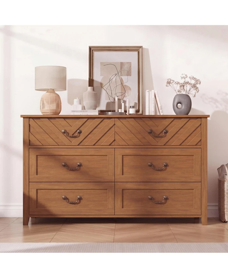 gaomon 6 Drawer Dresser for Bedroom, Wooden Chest of Drawers with 3D V-Shape Front, Storage Organizer Cabinet for Living Room, Nursery