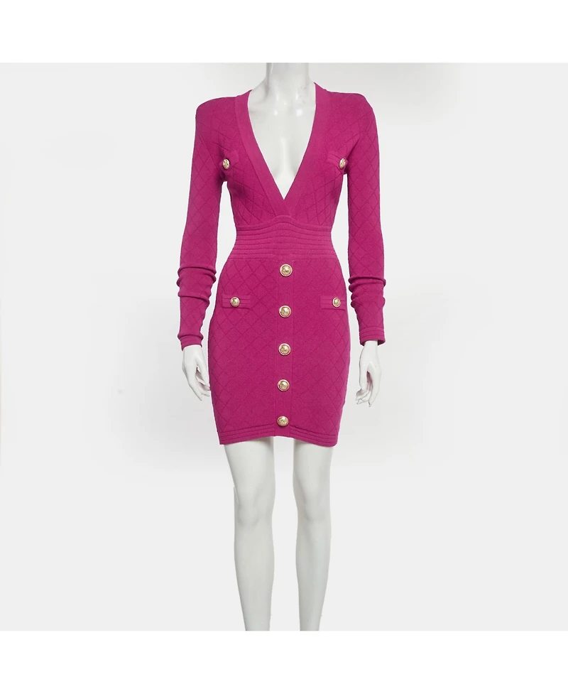 Pre-Owned Balmain Women's Fuchsia Jacquard Knit Button Detail Mini Dress