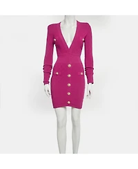 Pre-Owned Balmain Women's Fuchsia Jacquard Knit Button Detail Mini Dress