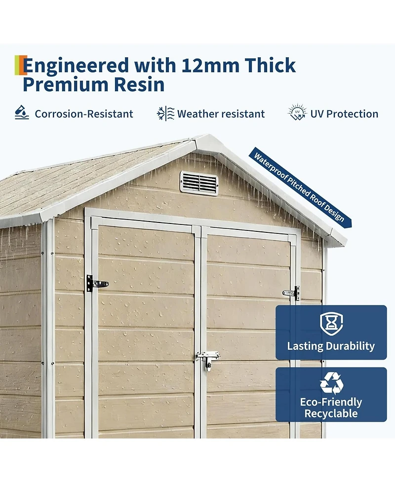 gaomon Plastic Outdoor Storage Shed with Floor and Window, Resin Garden Shed with Lockable Door, Double Wall Panels, Vents and Sloped Roof