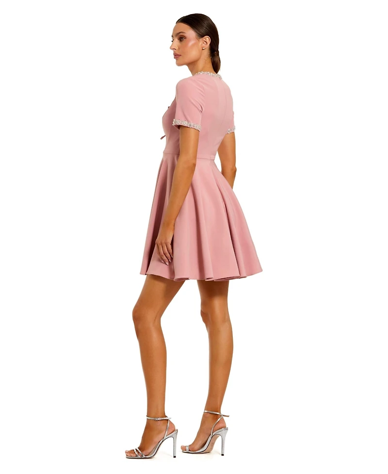 Mac Duggal Women's Crystal Embellished Bow Front A-Line Mini Dress