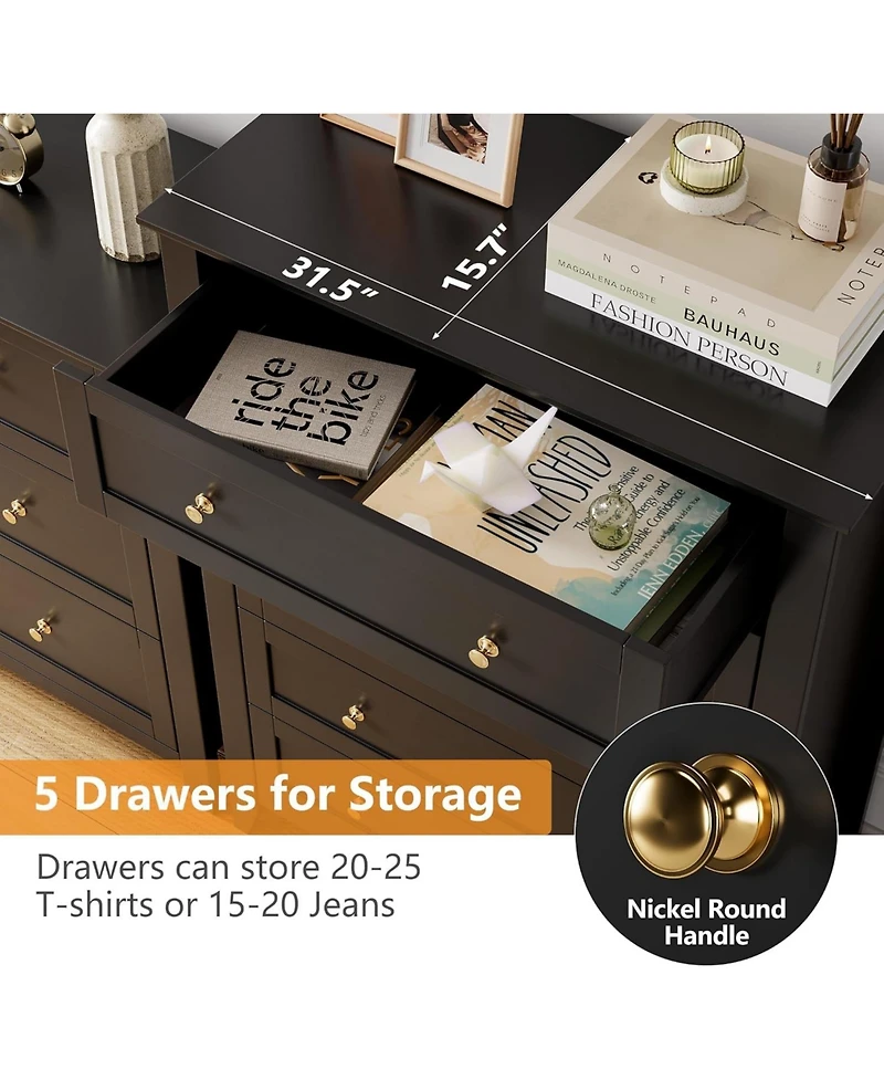 gaomon Modern 5 Drawer Wood Dresser, Tall Chest with Handles and Deep Drawers