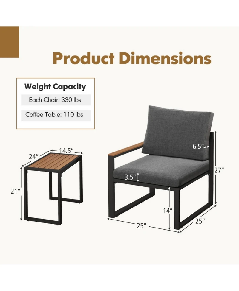 Clihome 3 Pieces Aluminum Frame Weatherproof Outdoor Conversation Set with Soft Cushions