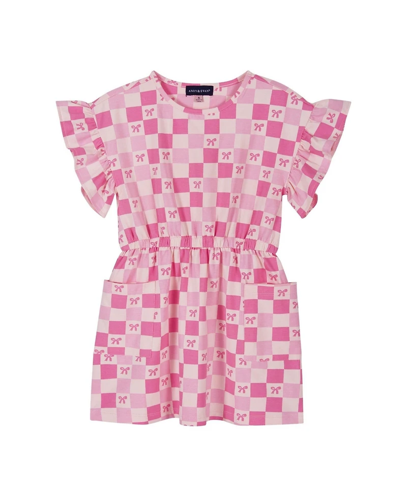 Andy & Evan Toddler Girls Printed Checker Jersey Dress With Ruffle Sleeve