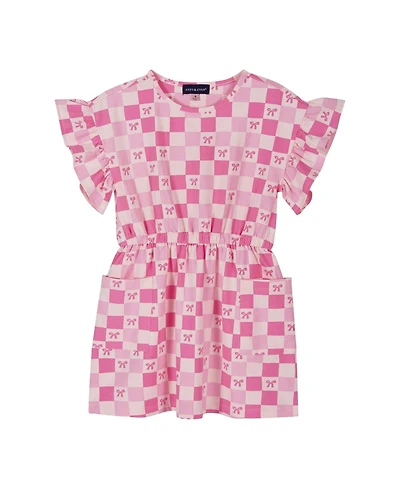 Andy & Evan Toddler Girls Printed Checker Jersey Dress With Ruffle Sleeve