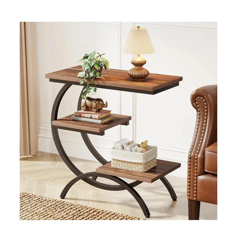 Slickblue C Shaped End Table with 3 Tier Storage for Small Spaces