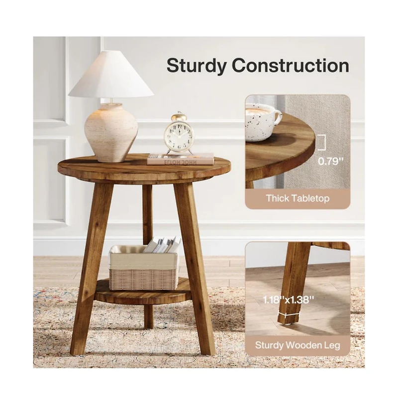 Slickblue Rustic Solid Wood End Table with Round Top and Storage Shelf