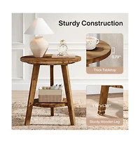 Slickblue Rustic Solid Wood End Table with Round Top and Storage Shelf