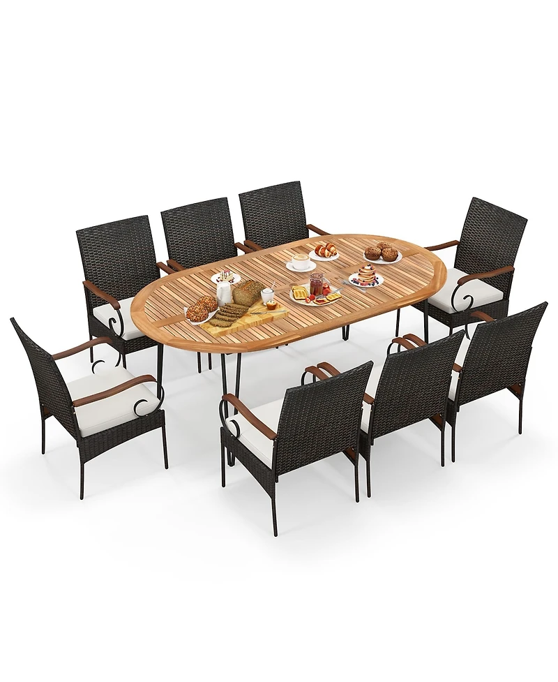 Gymax 9 Pcs Acacia Wood Table and 8 Patio Wicker Armchairs Patio Rattan Dining Set