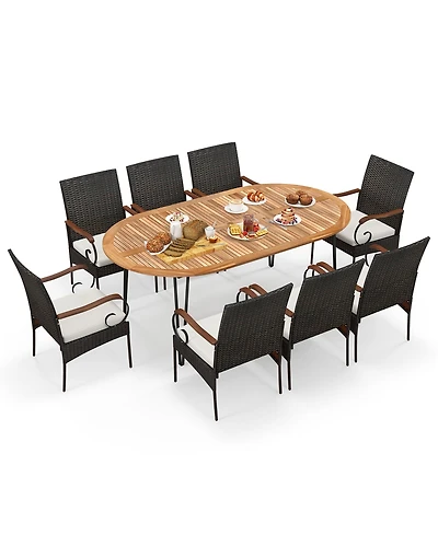 Gymax 9 Pcs Acacia Wood Table and 8 Patio Wicker Armchairs Patio Rattan Dining Set