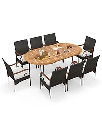 Gymax 9 Pcs Acacia Wood Table and 8 Patio Wicker Armchairs Patio Rattan Dining Set