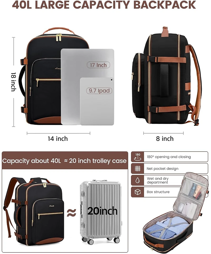 Lovevook 40L Travel Backpack for Women and Men, Airline Approved Carry On Luggage with 3 Packing Cubes, Tsa Overnight Bags