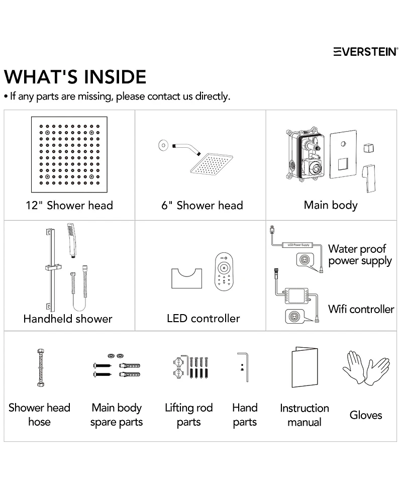 Everstrein Celling Mounted 12 in. Rainfall Led Shower System with 6 in. Shower Head Handheld Shower Faucet Set