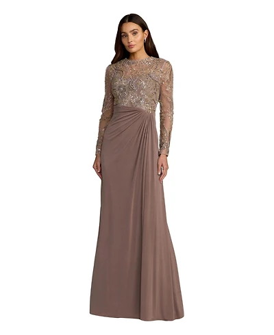 Mac Duggal Women's Embroidered Long Sleeve Jersey Evening Gown