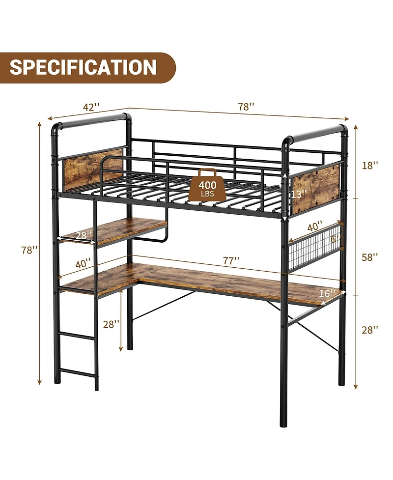 homfan Heavy Duty Twin Metal Loft Bed with L-Shaped Desk, 2 Storage Shelves and Decorative Mesh