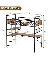 homfan Heavy Duty Twin Metal Loft Bed with L-Shaped Desk, 2 Storage Shelves and Decorative Mesh