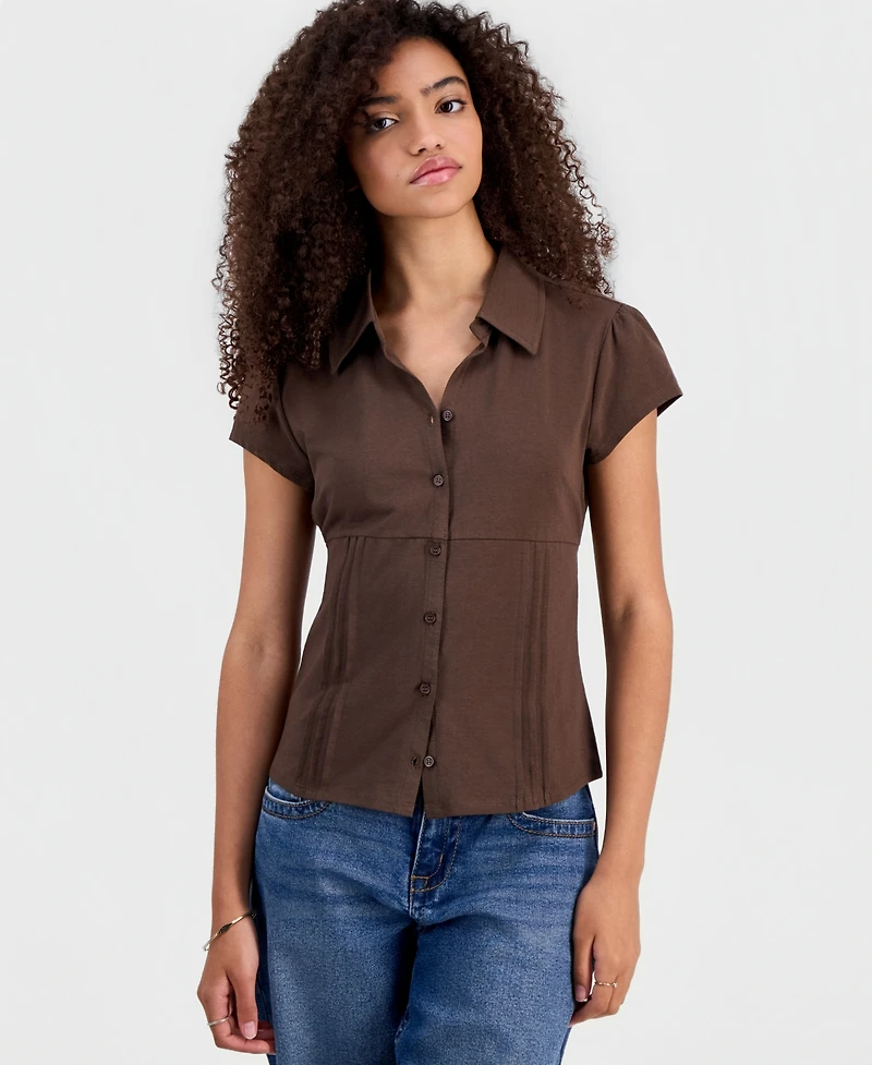 Madden Girl Juniors' Pleat Detail Button-Front Top