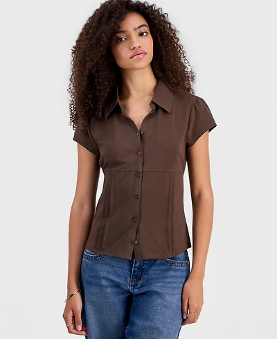 Madden Girl Juniors' Pleat Detail Button-Front Top