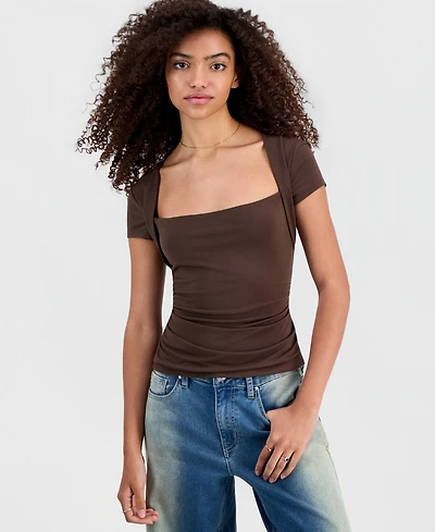 Madden Girl Juniors' Square-Neck Cap-Sleeve Ruched Top