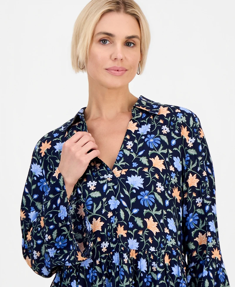 Style & Co Petite Printed 3/4-Sleeve Tiered Shift Dress, Macy's Exclusive