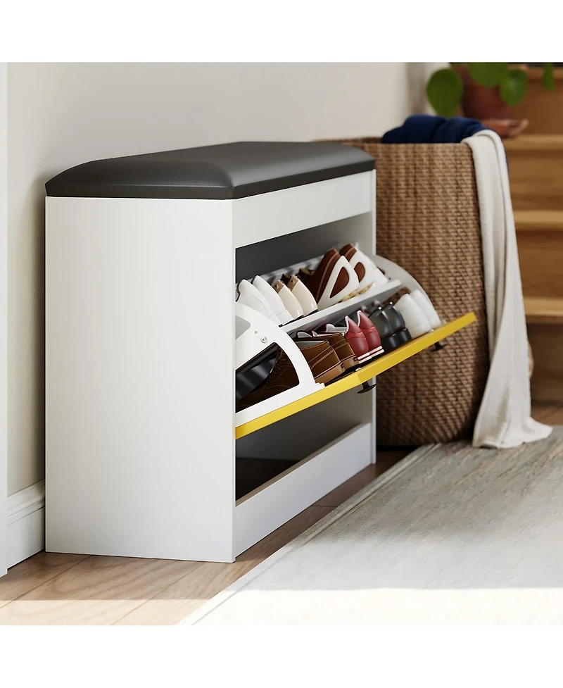 homfan Shoe Storage Bench, Shoe Organizer Bench with Flip Drawer and Pu Cushion, Modern Entryway Shoe Cabinet for Hallway, Bedroom, Living Room