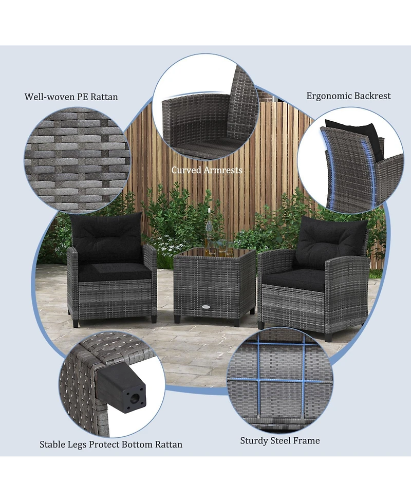 Gymax 3 Pcs Patio Furniture Set Outdoor Pe Rattan Chair and Table Set w/ Tempered Glass