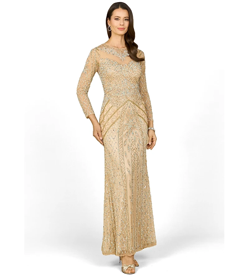 Lara Women's Illusion Neck Long Sleeve Beaded Gown