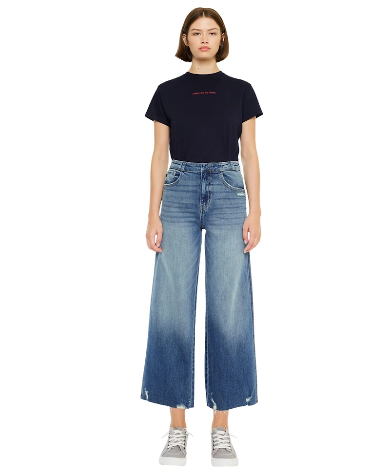 KanCan Women's Shelly High Rise Cropped Wide Leg Jeans