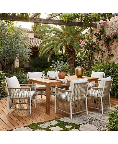 Asagikoiai 7-Piece Outdoor Dining Set with Acacia Table and Cushioned Rattan Armchairs